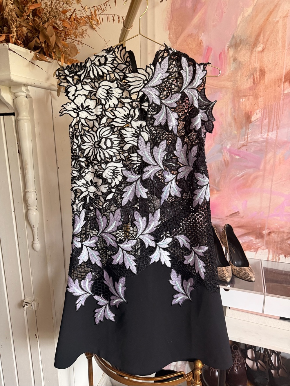 Self-Portrait Black Dress with White and Lavender Floral Lace
